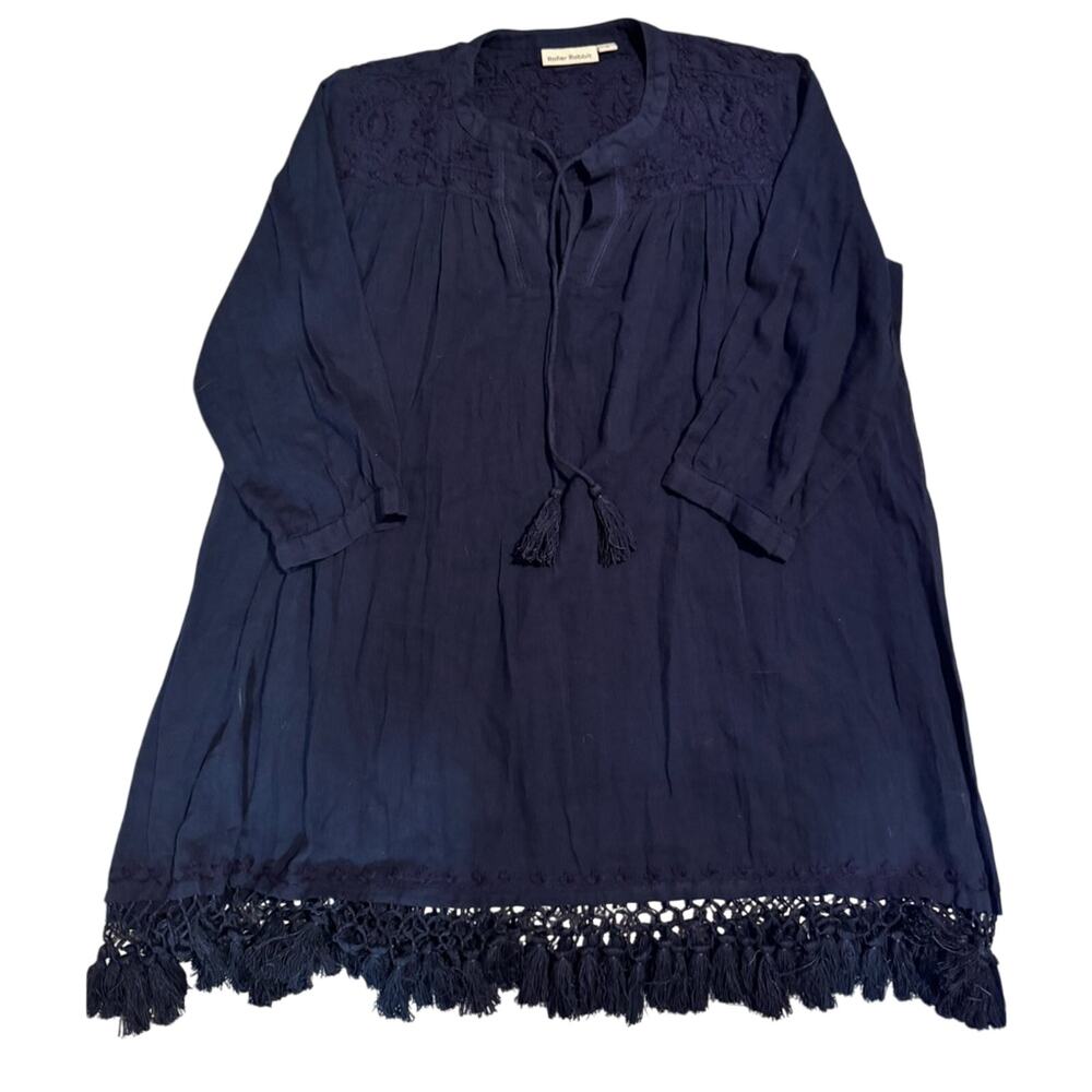 Roller Rabbit Navy Embroidered Tassle Tunic Blouse S 100% Cotton Boho Flowy